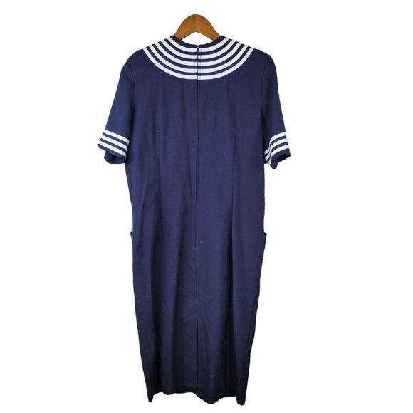 Vintage 90s Sailor Shirt Dress Size 12 Midi Navy Blue Embroidered Stripe Sheath - Picture 6 of 7